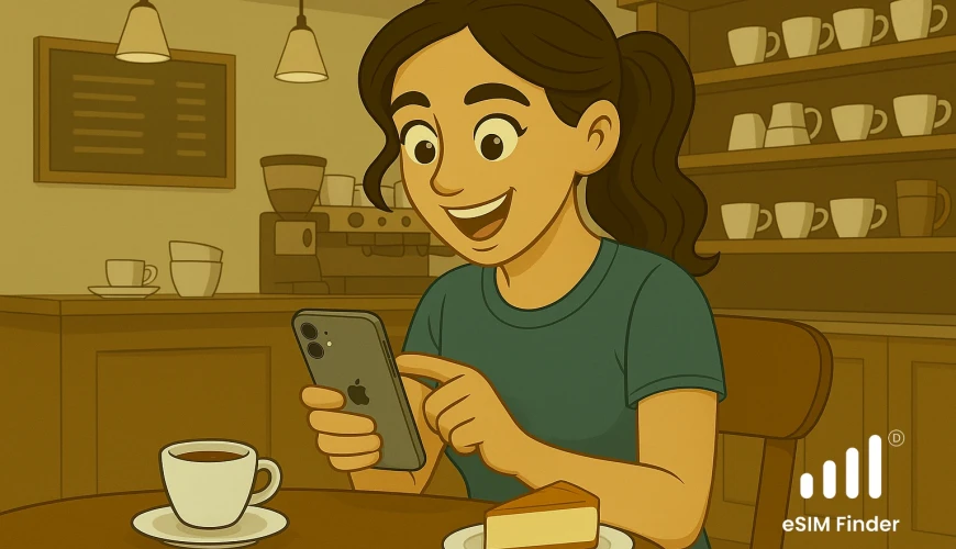 Illustration of a traveler activating a Travel eSIM on iOS 26 in a café—easier setup, quick switching, and hassle-free roaming on the latest iPhone.