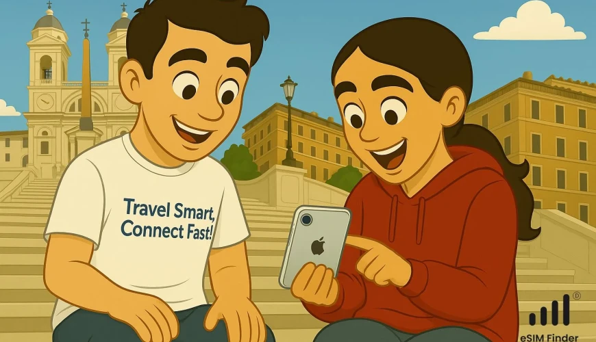 Two happy travelers using an iPhone abroad with the eSIM Finder app, showing how Apple’s eSIM-only devices make travel eSIM setup instant and hassle-free.